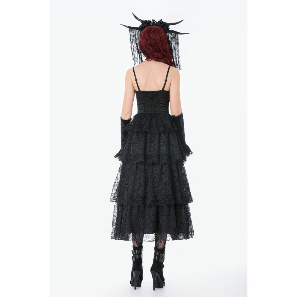 Darkinlove Women's Gothic Layered Lace Ruched Maxi Dress