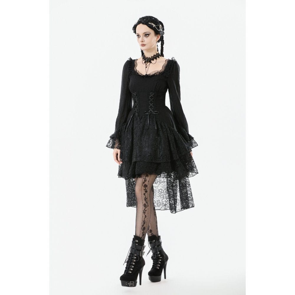 Darkinlove Women's Gothic Layered Lace-up Square-cut Collar Dress