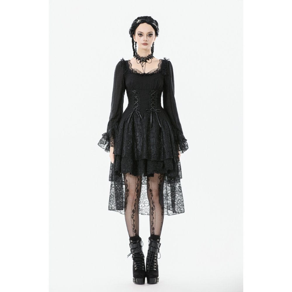Darkinlove Women's Gothic Layered Lace-up Square-cut Collar Dress