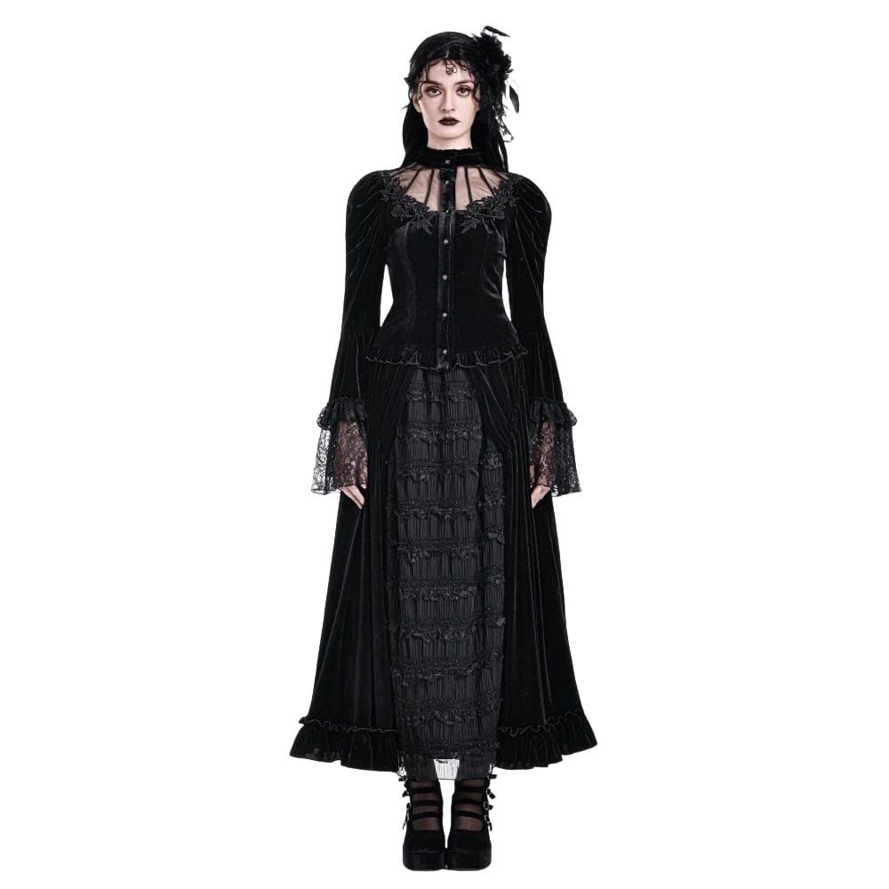 Darkinlove Women's Gothic Layered Pleated Mesh Splice Velvet A-Line Maxi Skirt