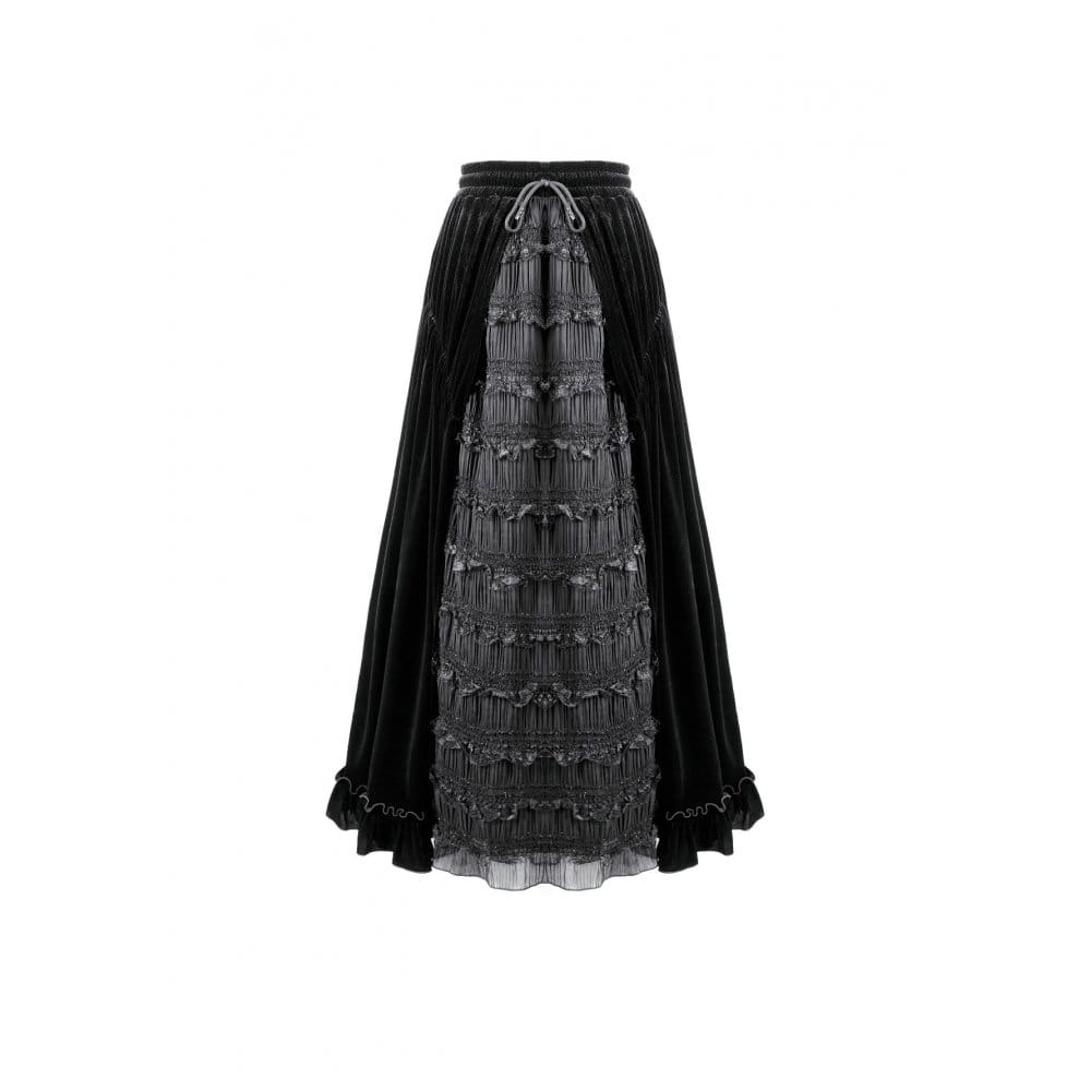 Darkinlove Women's Gothic Layered Pleated Mesh Splice Velvet A-Line Maxi Skirt
