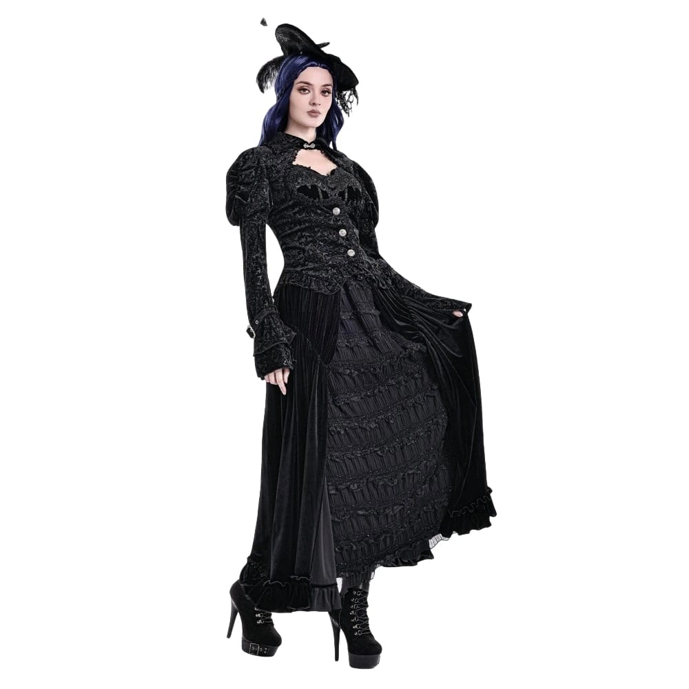 Darkinlove Women's Gothic Layered Pleated Mesh Splice Velvet A-Line Maxi Skirt