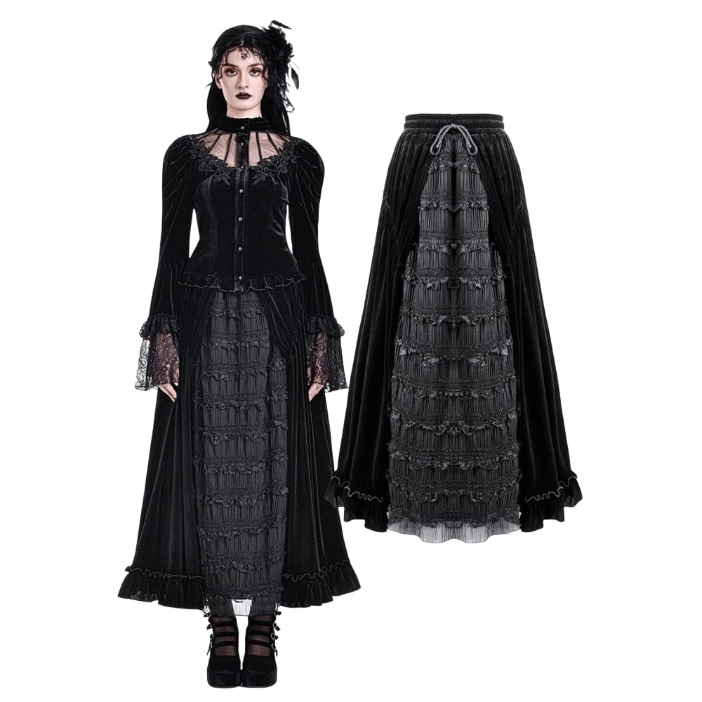 Darkinlove Women's Gothic Layered Pleated Mesh Splice Velvet A-Line Maxi Skirt