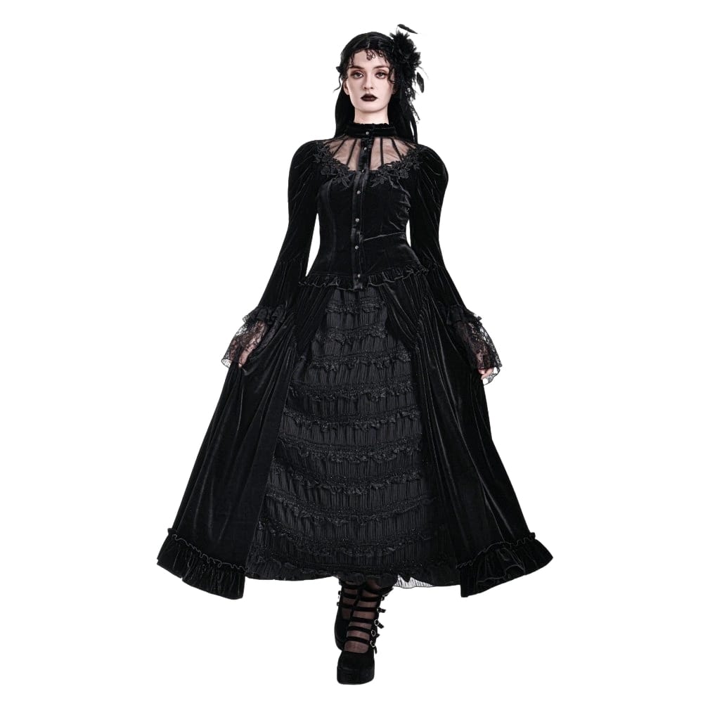 Darkinlove Women's Gothic Layered Pleated Mesh Splice Velvet A-Line Maxi Skirt