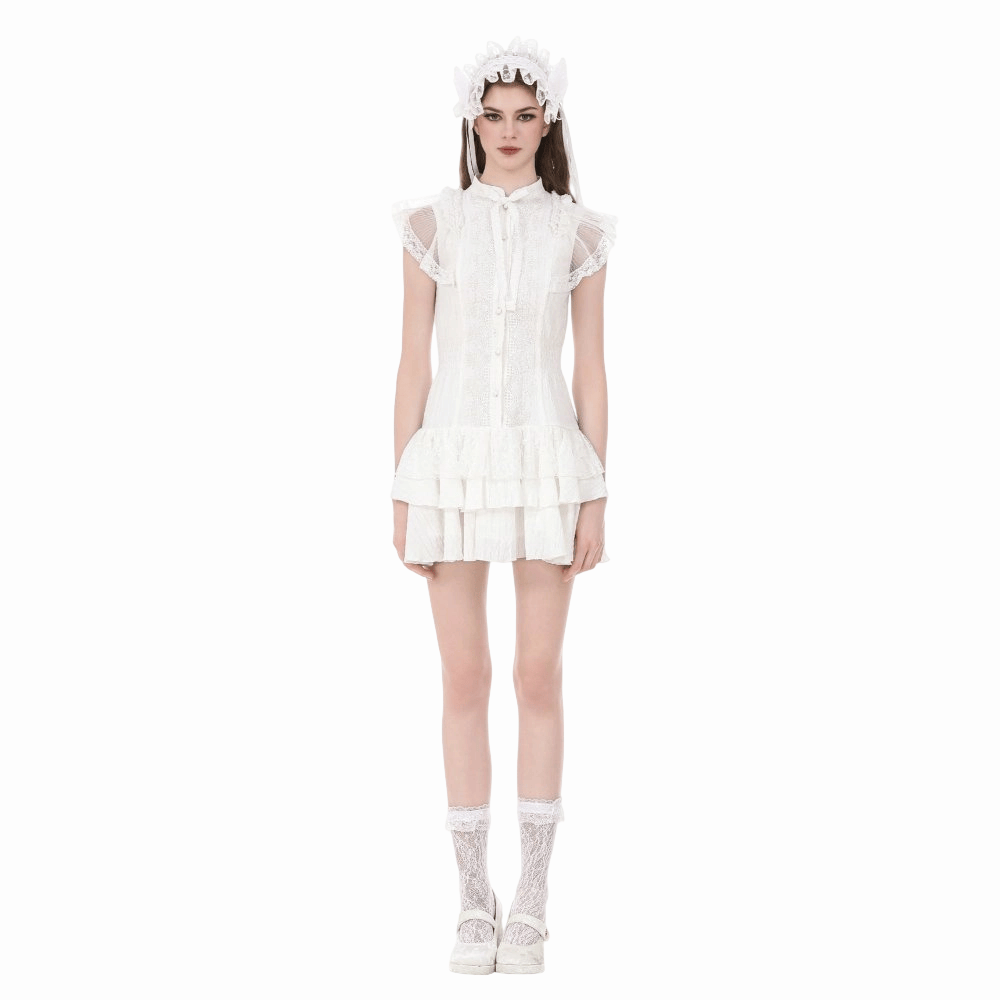 Darkinlove Women's Gothic Layered Ruffled Lace Splice White Dress