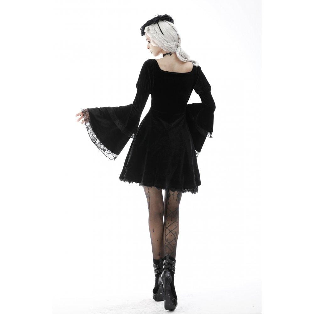 Darkinlove Women's Gothic Layered Sleeved Lace Splice Wedding Dress