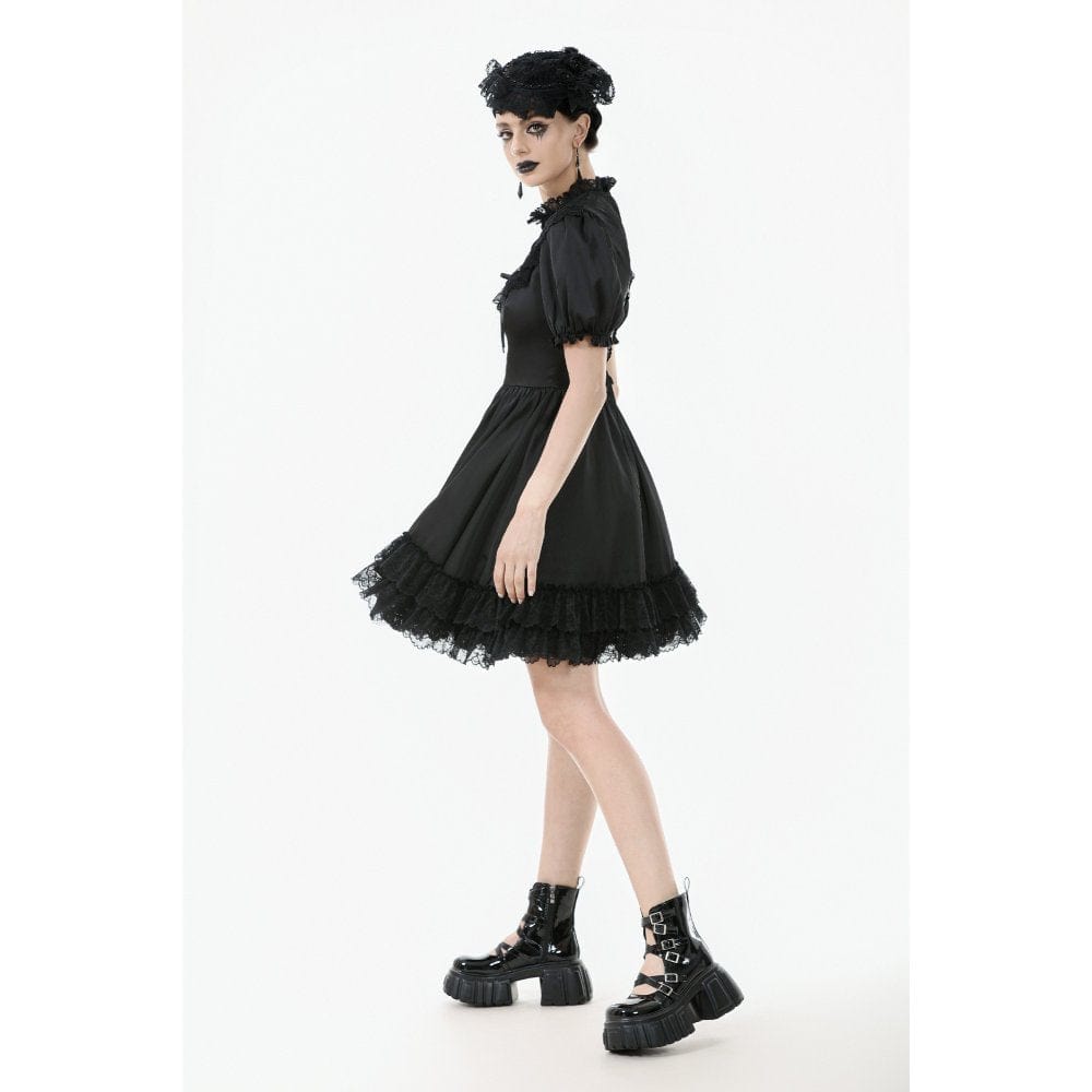 Darkinlove Women's Gothic Lolita Lacing-up Puff Sleeved Lace Dress