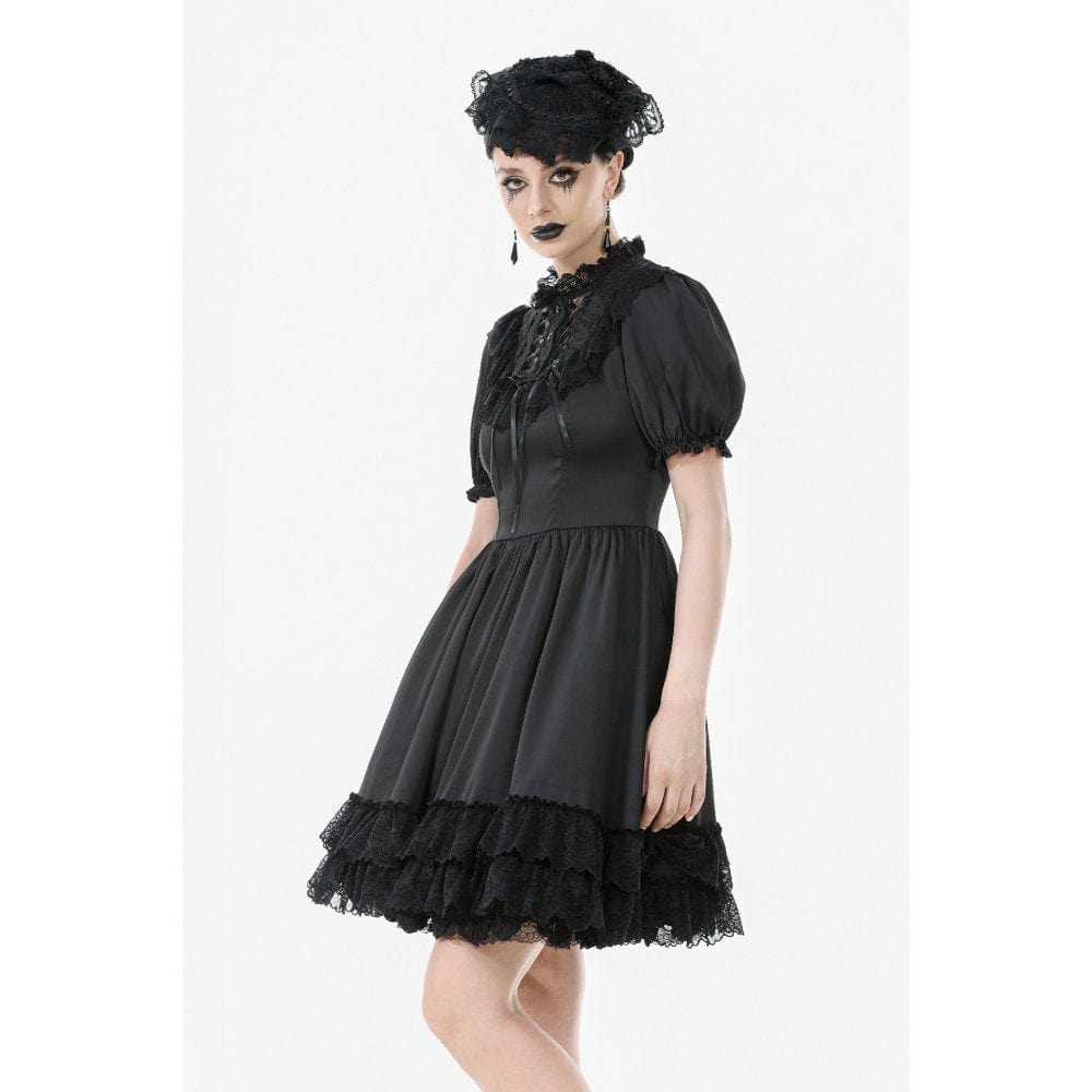 Darkinlove Women's Gothic Lolita Lacing-up Puff Sleeved Lace Dress