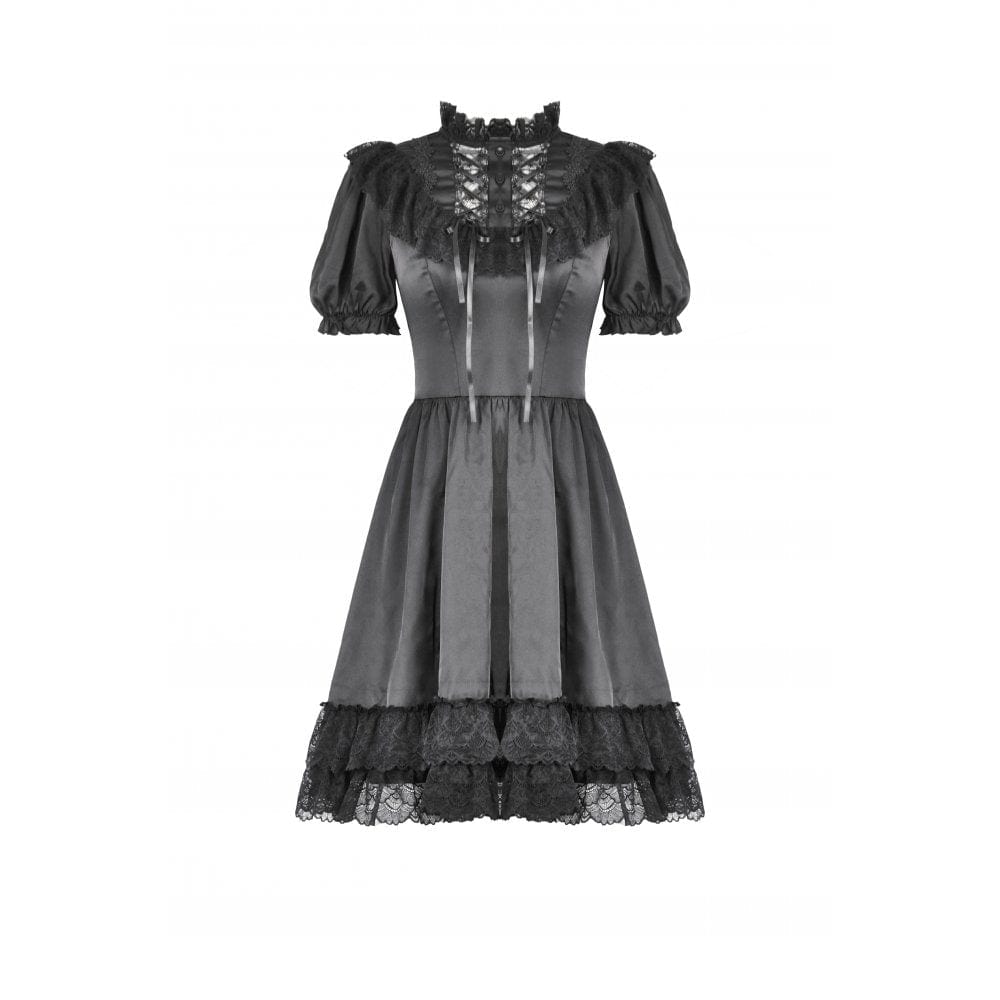 Darkinlove Women's Gothic Lolita Lacing-up Puff Sleeved Lace Dress
