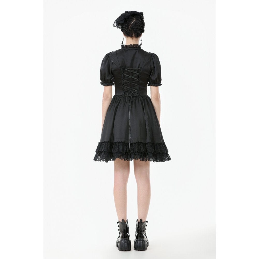Darkinlove Women's Gothic Lolita Lacing-up Puff Sleeved Lace Dress