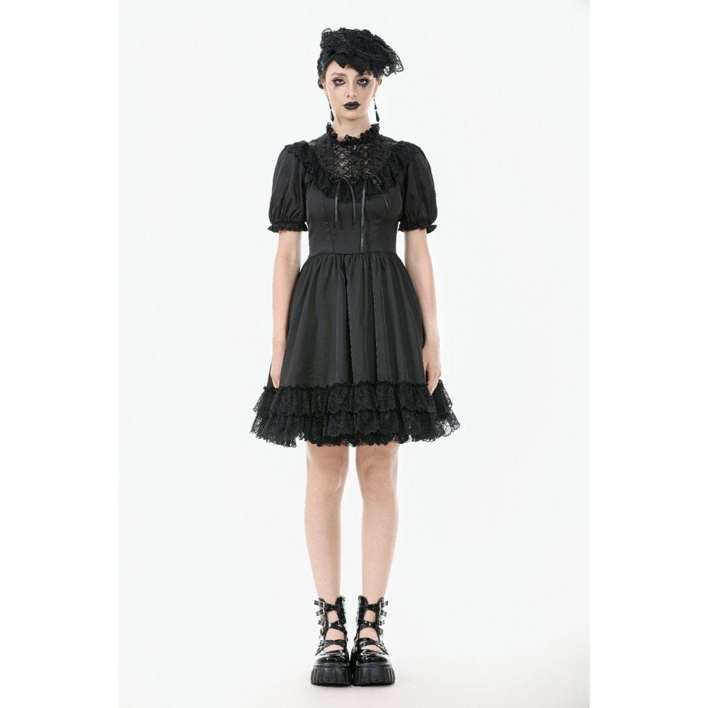 Darkinlove Women's Gothic Lolita Lacing-up Puff Sleeved Lace Dress