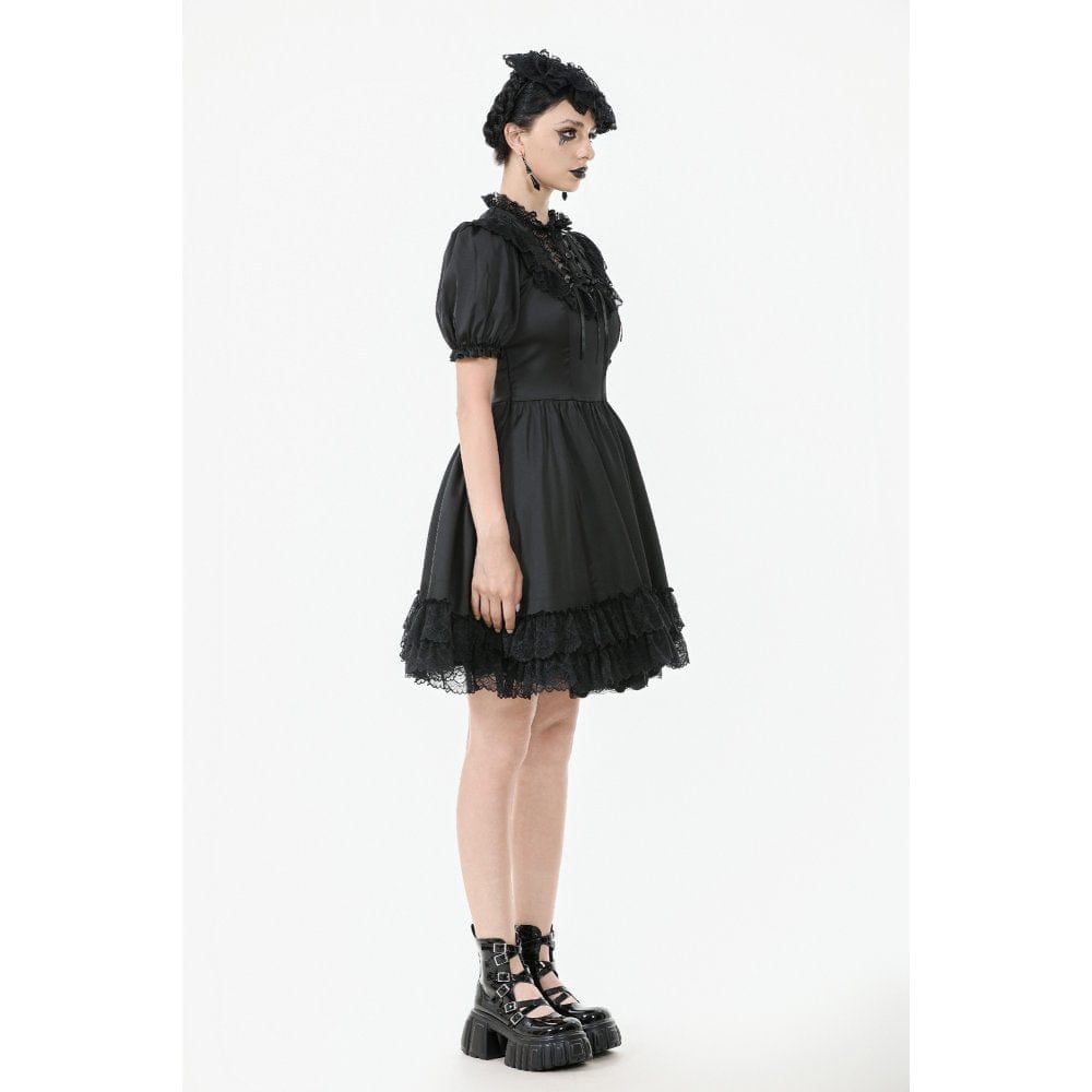 Darkinlove Women's Gothic Lolita Lacing-up Puff Sleeved Lace Dress