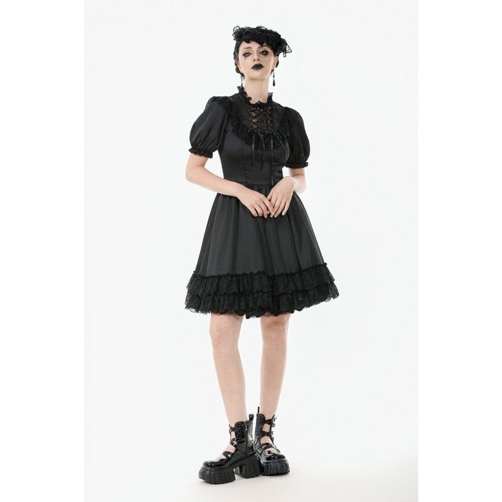 Darkinlove Women's Gothic Lolita Lacing-up Puff Sleeved Lace Dress