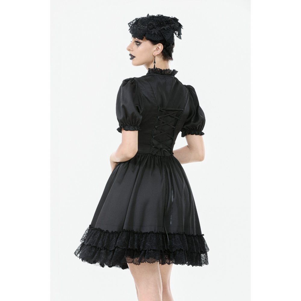 Darkinlove Women's Gothic Lolita Lacing-up Puff Sleeved Lace Dress