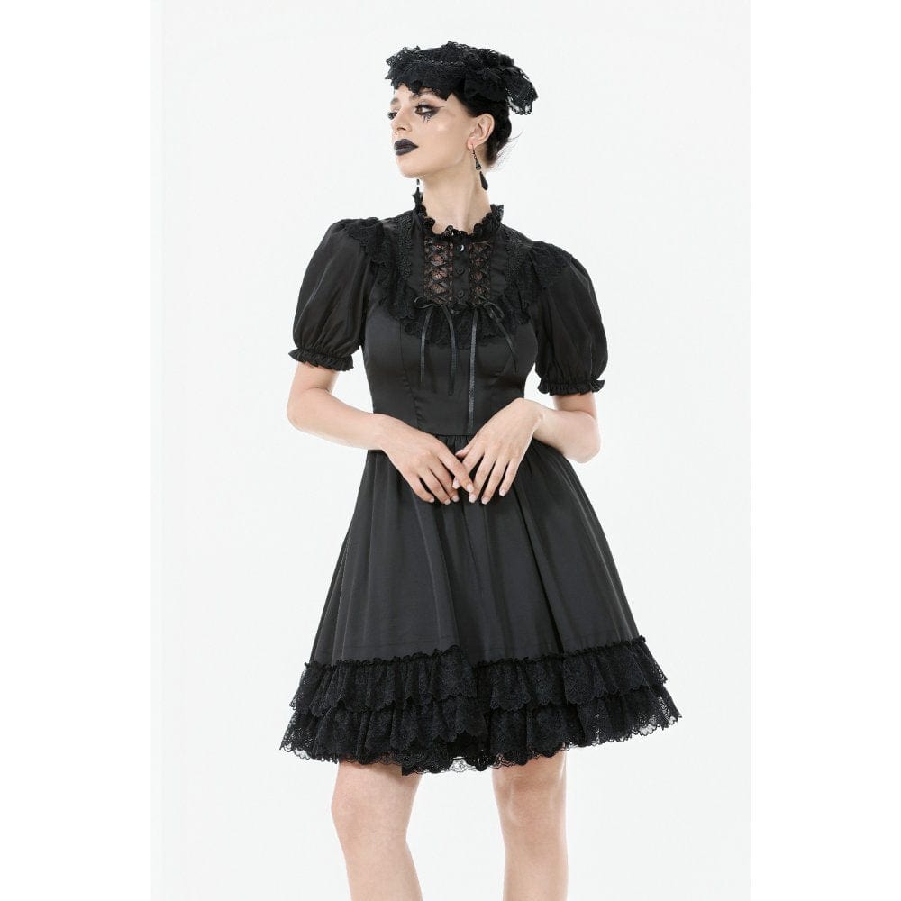 Darkinlove Women's Gothic Lolita Lacing-up Puff Sleeved Lace Dress