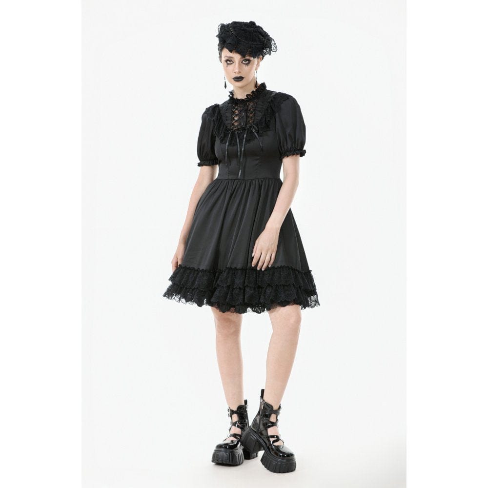 Darkinlove Women's Gothic Lolita Lacing-up Puff Sleeved Lace Dress