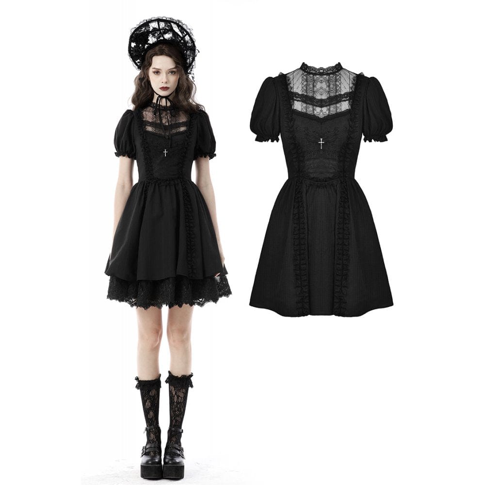 Darkinlove Women's Gothic Lolita Puff Sleeved Lace Doll Dress
