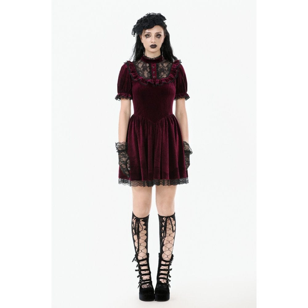 Darkinlove Women's Gothic Lolita Puff Sleeved Lace Velvet Dress