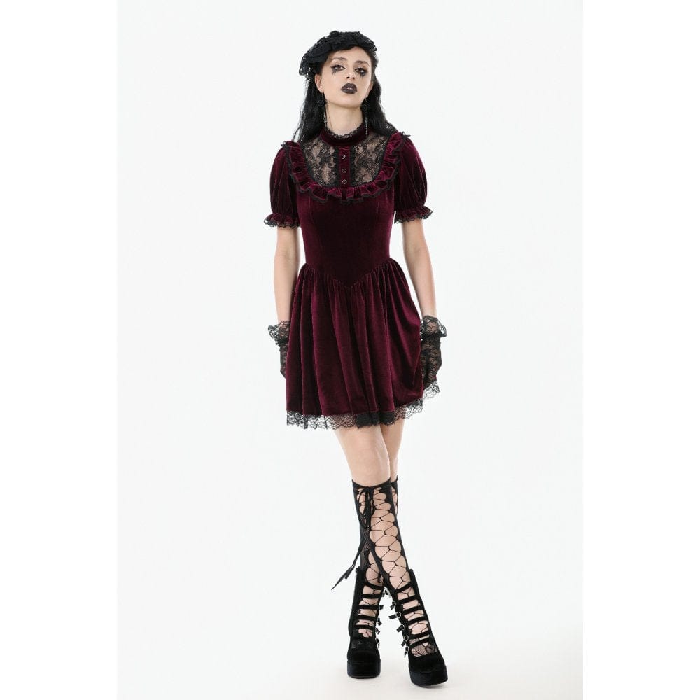 Darkinlove Women's Gothic Lolita Puff Sleeved Lace Velvet Dress