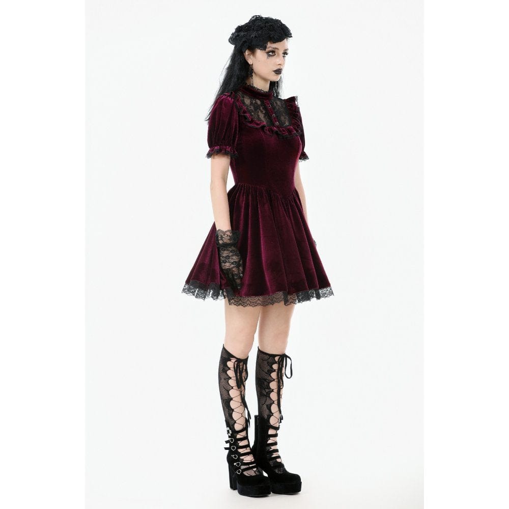 Darkinlove Women's Gothic Lolita Puff Sleeved Lace Velvet Dress