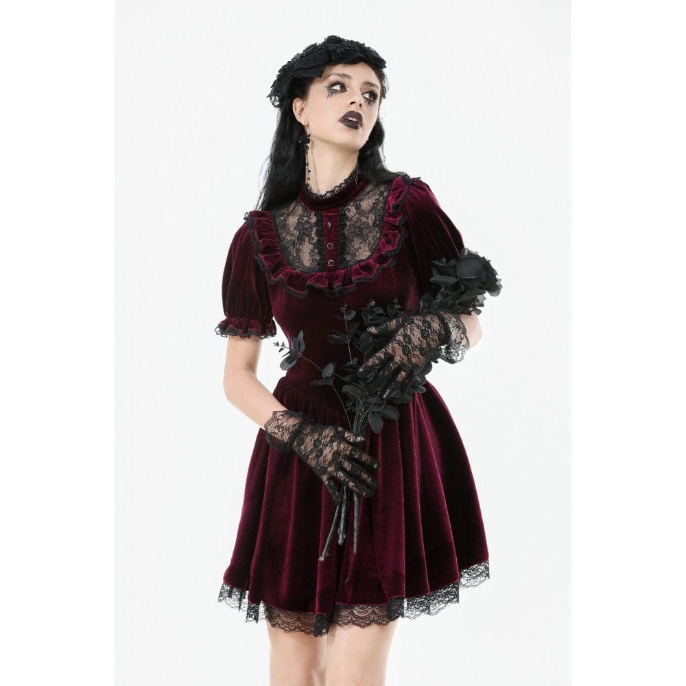 Darkinlove Women's Gothic Lolita Puff Sleeved Lace Velvet Dress