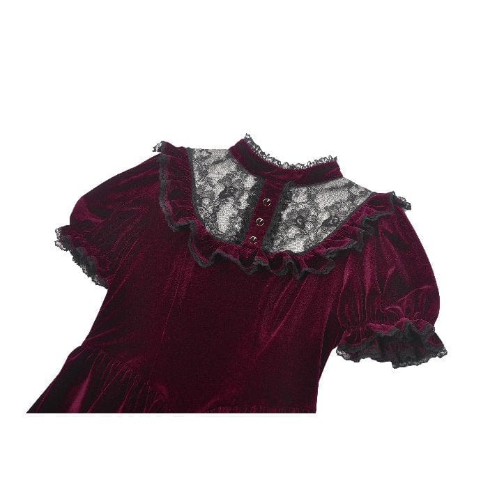 Darkinlove Women's Gothic Lolita Puff Sleeved Lace Velvet Dress