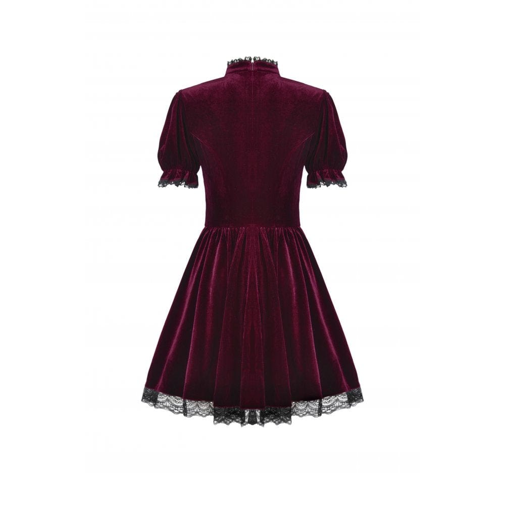 Darkinlove Women's Gothic Lolita Puff Sleeved Lace Velvet Dress