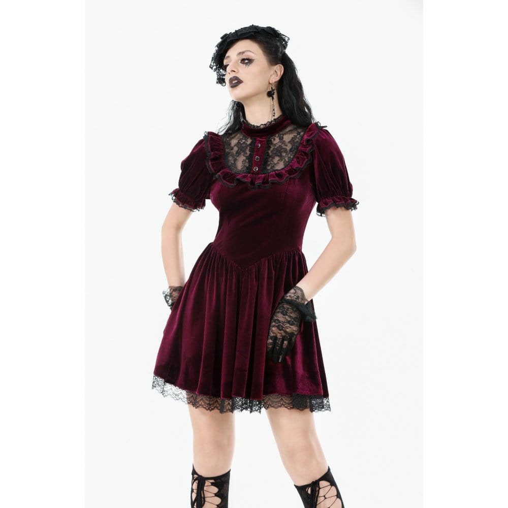 Darkinlove Women's Gothic Lolita Puff Sleeved Lace Velvet Dress