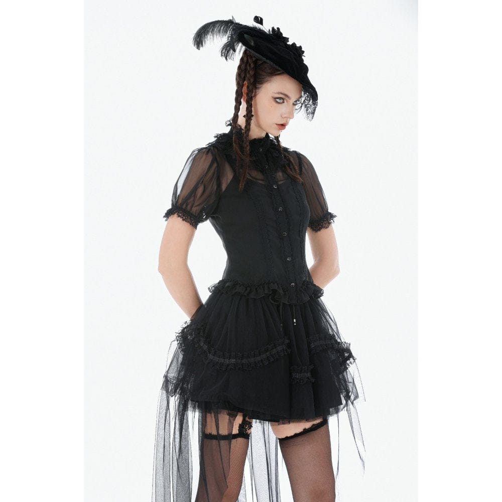 Darkinlove Women's Gothic Mesh Sheer Ruffled Short Sleeved Shirt