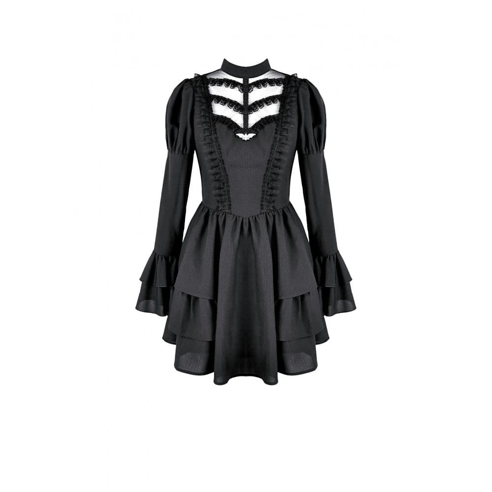 Darkinlove Women's Gothic Mesh Splice Mock Neck Layered Hem Puff Sleeve Short Dress