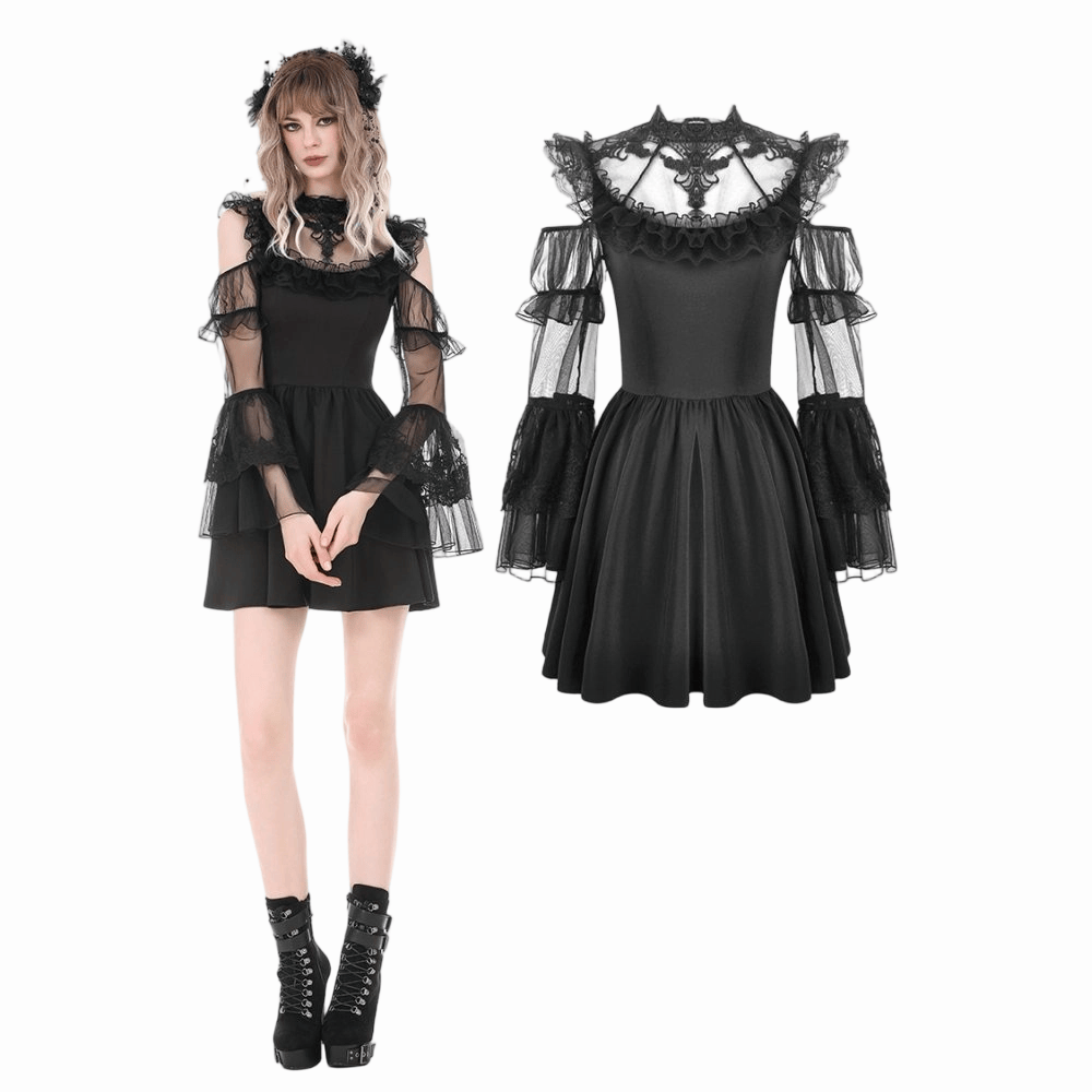 Darkinlove Women's Gothic Mesh Splice Ruffled Cutout Long Sleeve Dress
