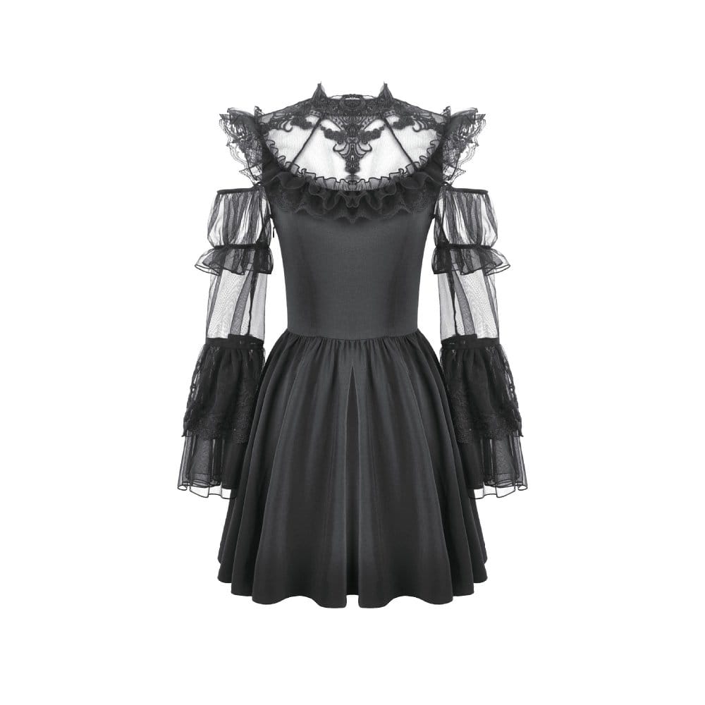 Darkinlove Women's Gothic Mesh Splice Ruffled Cutout Long Sleeve Dress