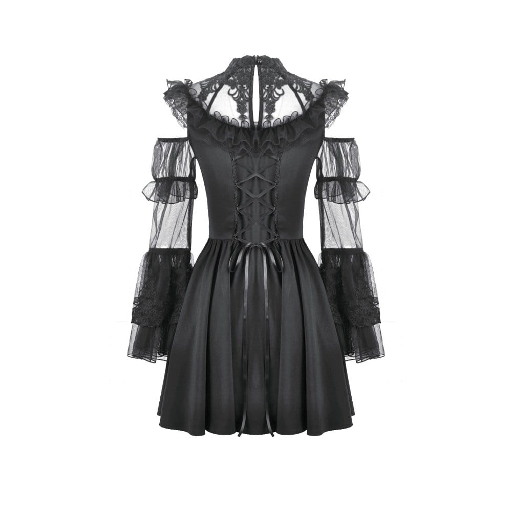 Darkinlove Women's Gothic Mesh Splice Ruffled Cutout Long Sleeve Dress