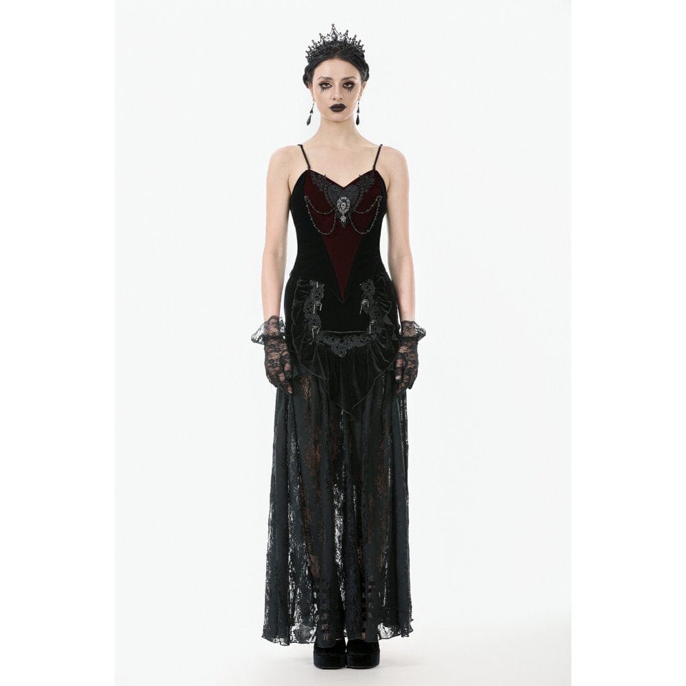 Darkinlove Women's Gothic Metal Chain Contrast Color Velvet Overbust Corset
