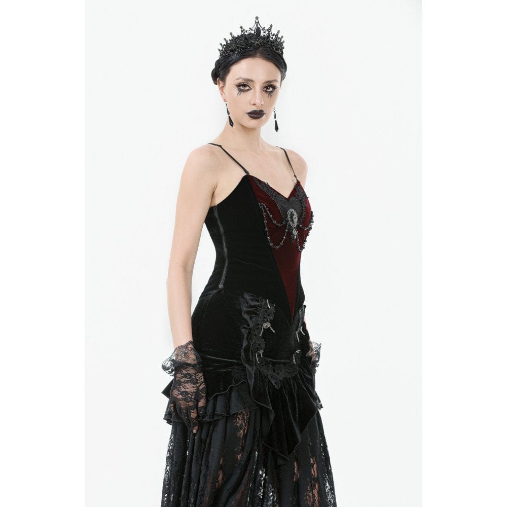 Darkinlove Women's Gothic Metal Chain Contrast Color Velvet Overbust Corset