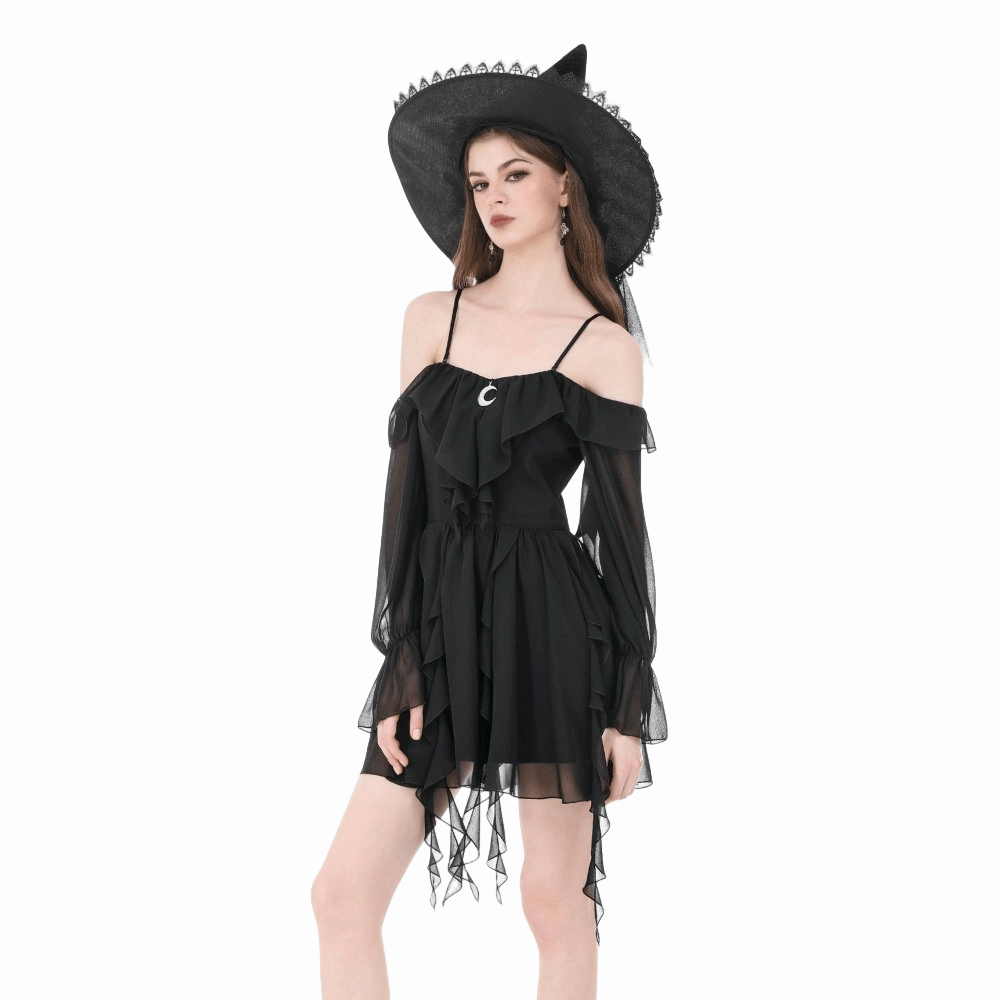 Darkinlove Women's Gothic Moon Layered Ruffled Off Shoulder Slip Dress