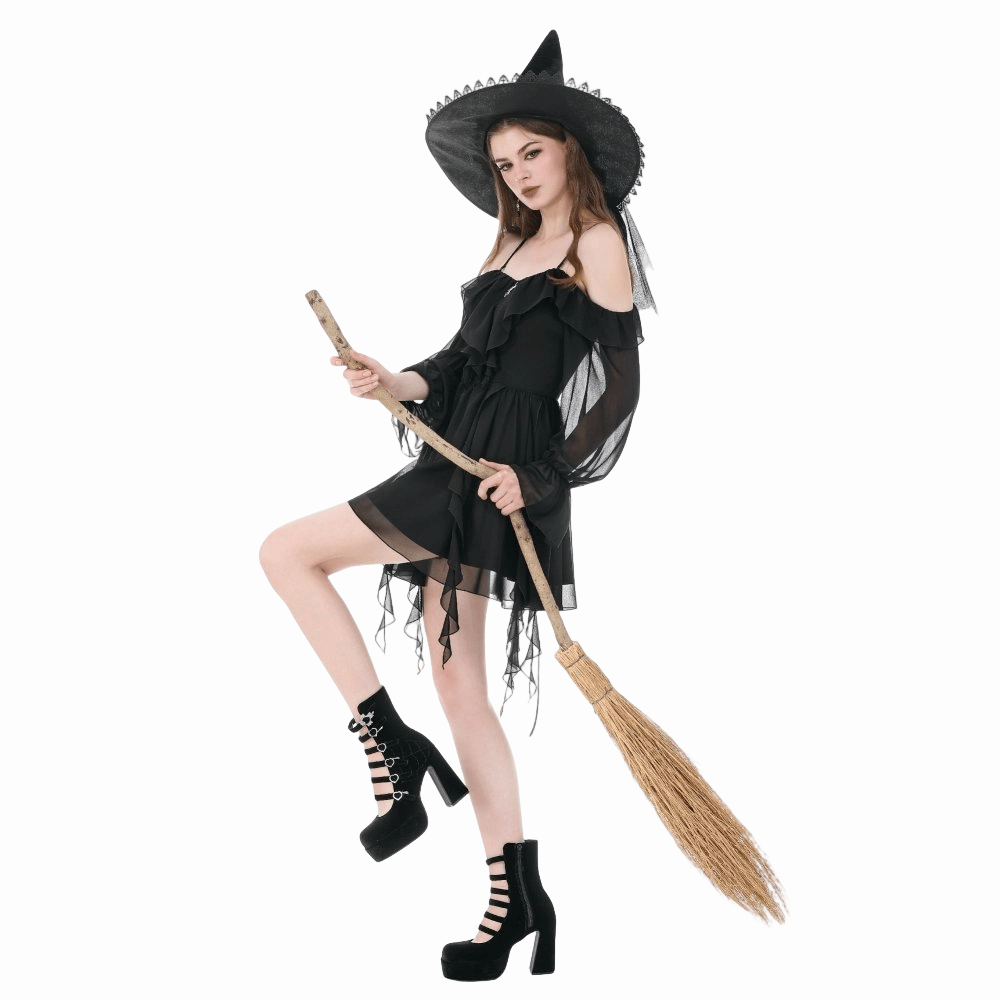 Darkinlove Women's Gothic Moon Layered Ruffled Off Shoulder Slip Dress