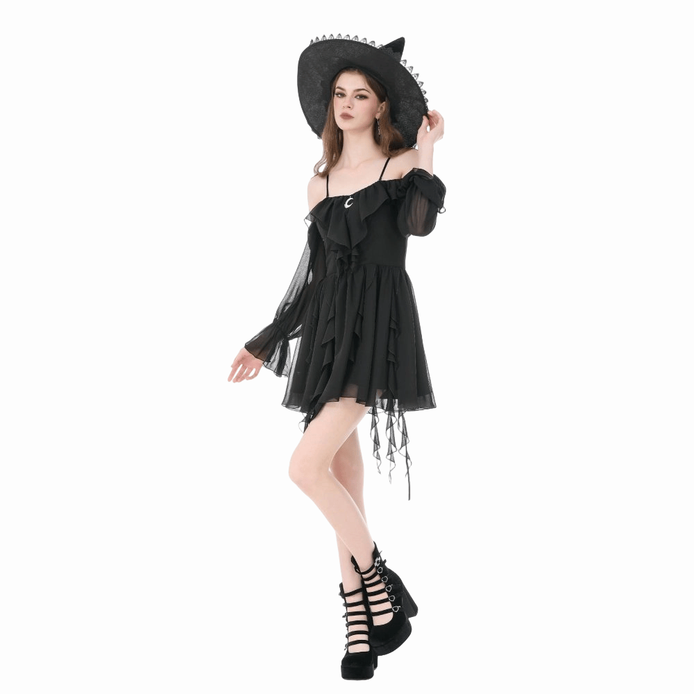 Darkinlove Women's Gothic Moon Layered Ruffled Off Shoulder Slip Dress