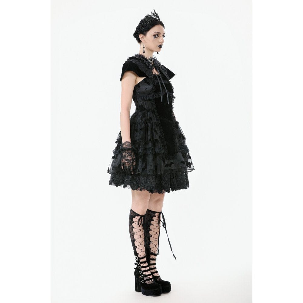 Darkinlove Women's Gothic Multilayer Ruffles Lace Velet Slip Dress