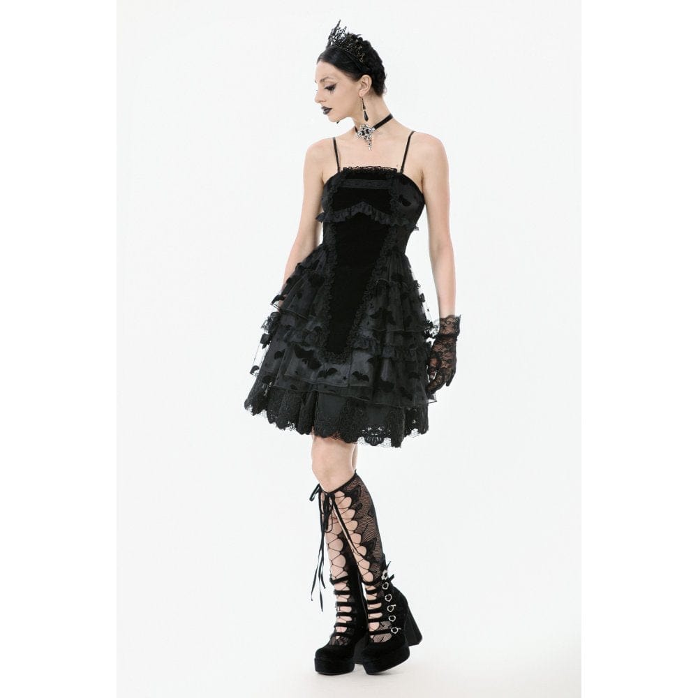 Darkinlove Women's Gothic Multilayer Ruffles Lace Velet Slip Dress