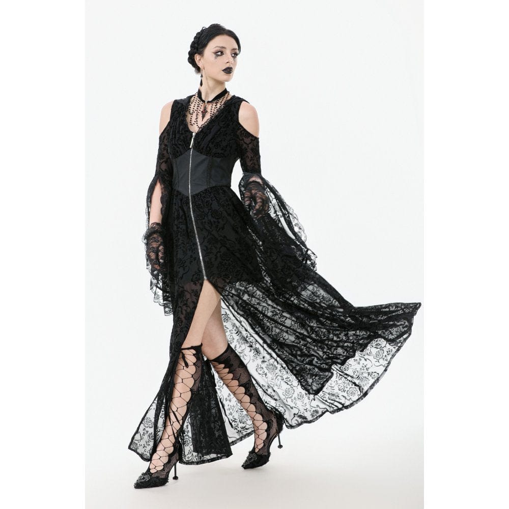 Darkinlove Women's Gothic Off-shoulder Flare Sleeved Hooded Maxi Dress Black