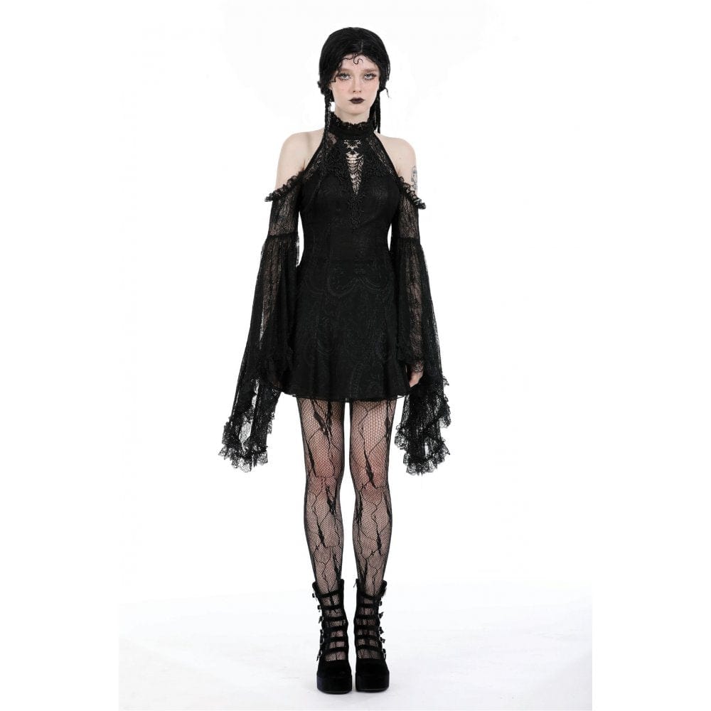 Darkinlove Women's Gothic Off Shoulder Lace Flared Sleeved Dress