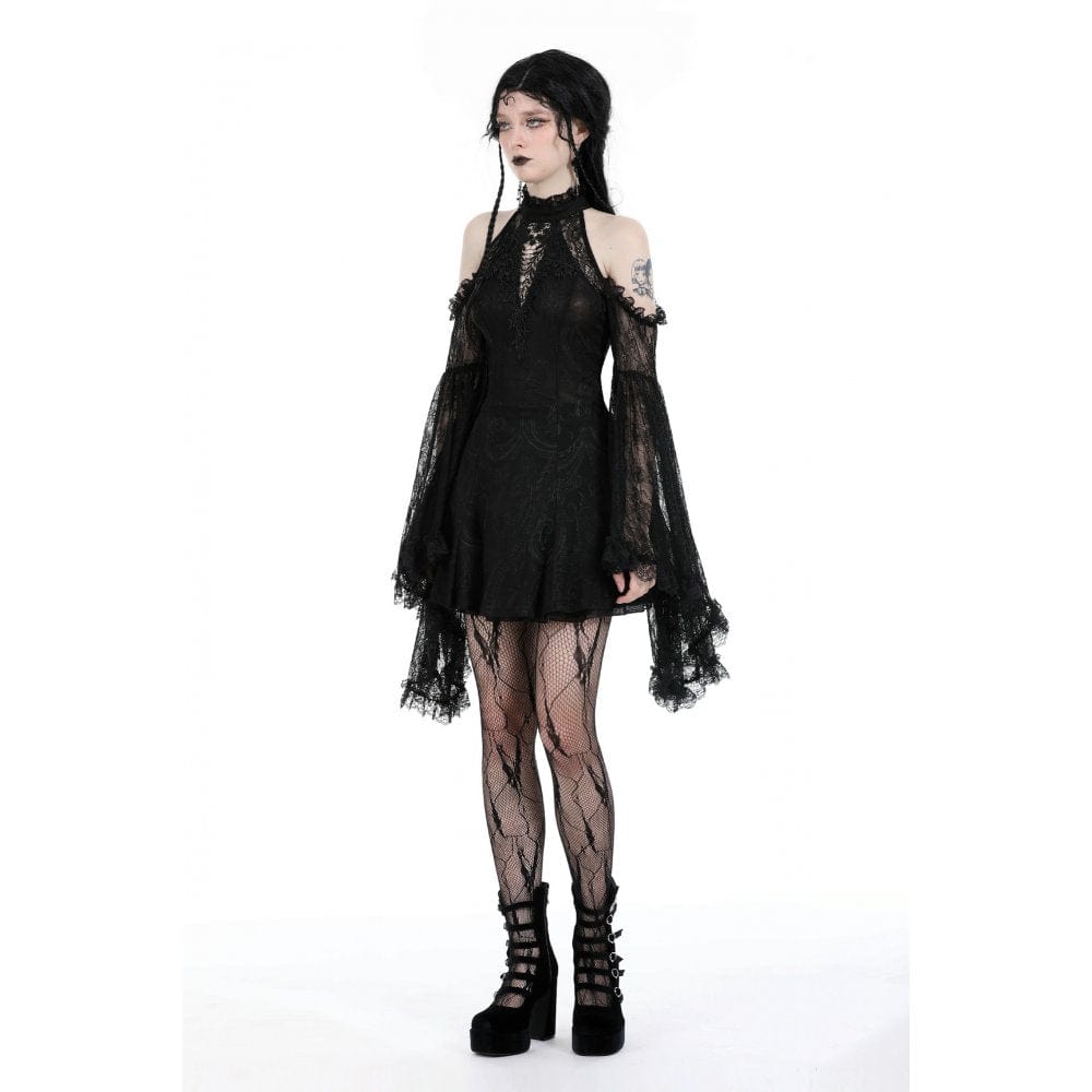 Darkinlove Women's Gothic Off Shoulder Lace Flared Sleeved Dress