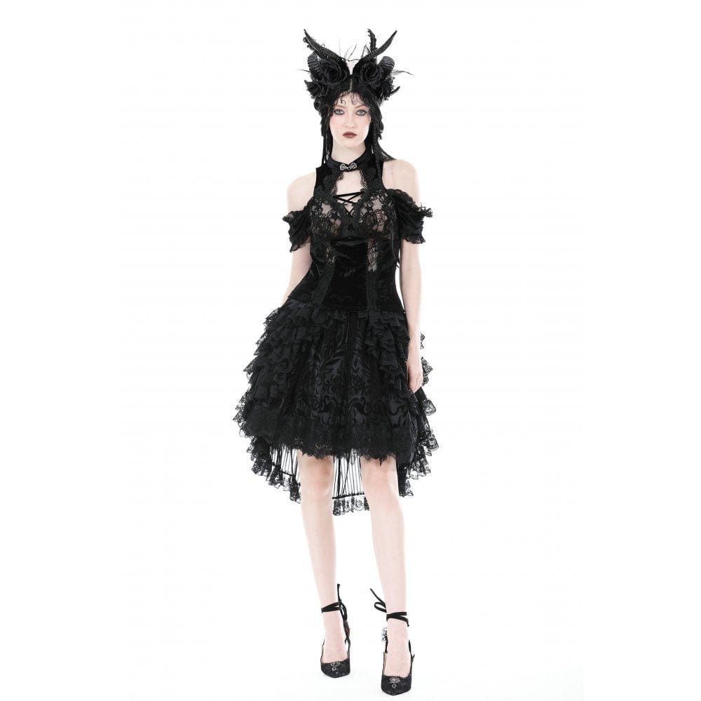 Darkinlove Women's Gothic Off Shoulder Lace Splice Velvet Top