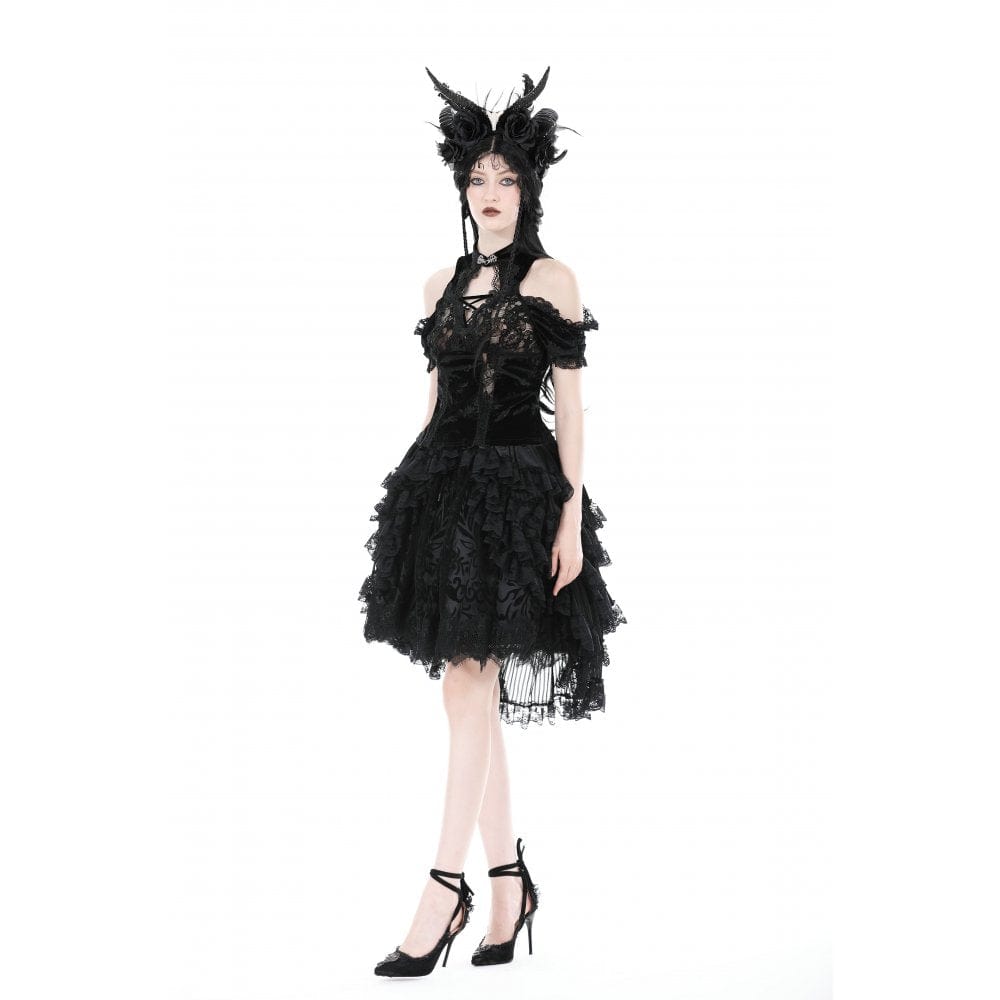 Darkinlove Women's Gothic Off Shoulder Lace Splice Velvet Top