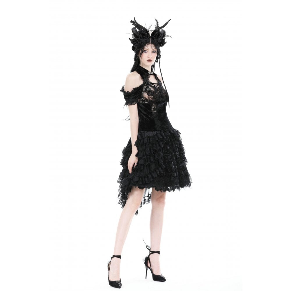 Darkinlove Women's Gothic Off Shoulder Lace Splice Velvet Top