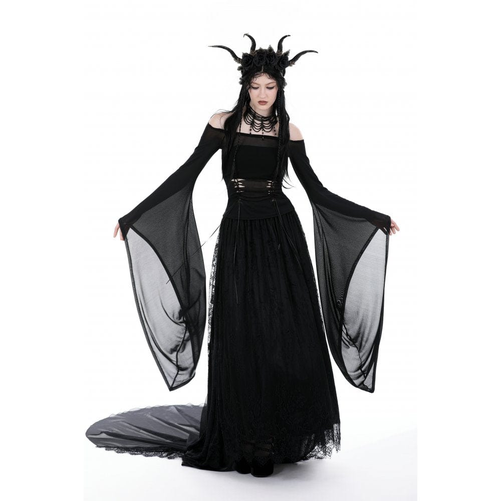 Darkinlove Women's Gothic Off Shoulder Lace-up Mesh Blouse