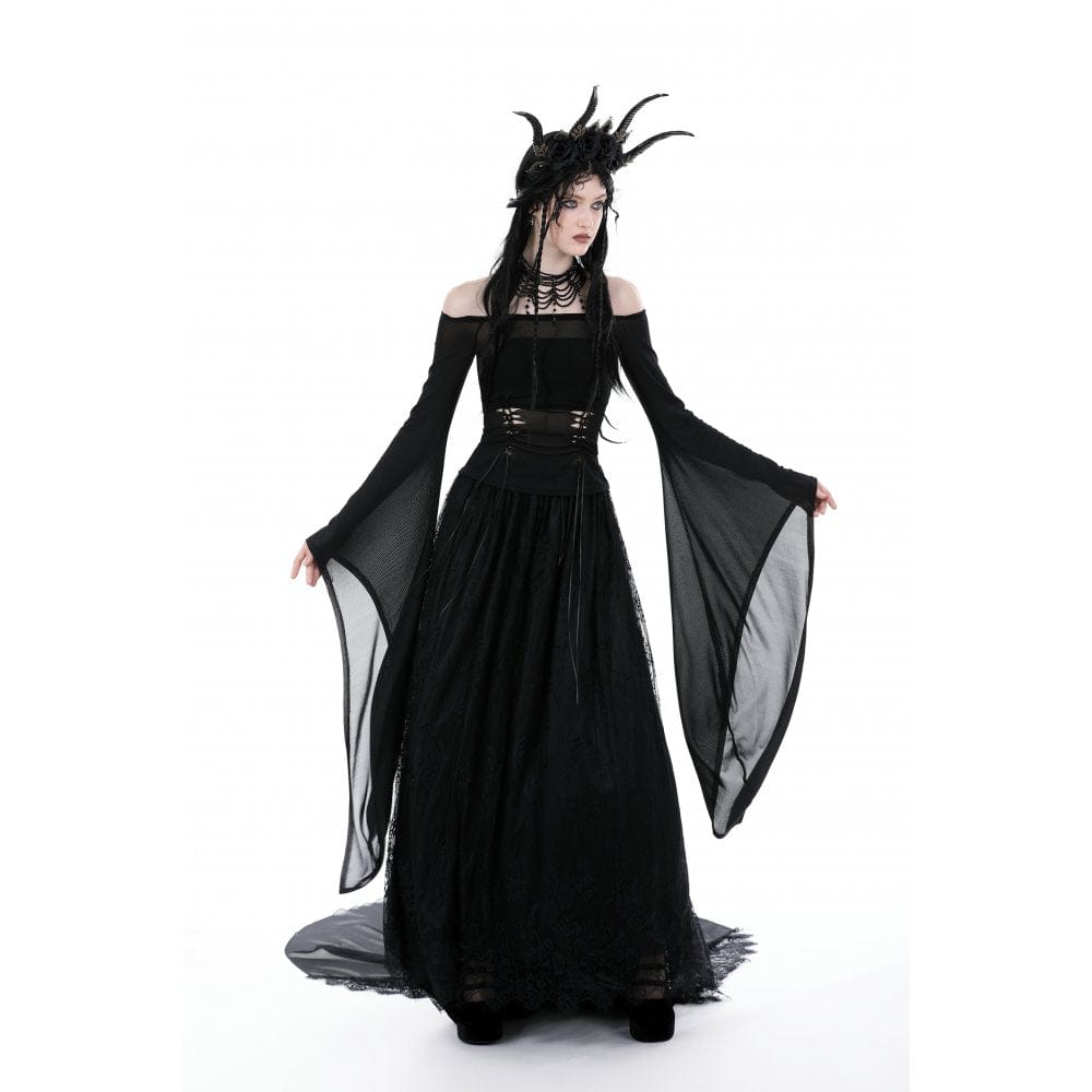 Darkinlove Women's Gothic Off Shoulder Lace-up Mesh Blouse