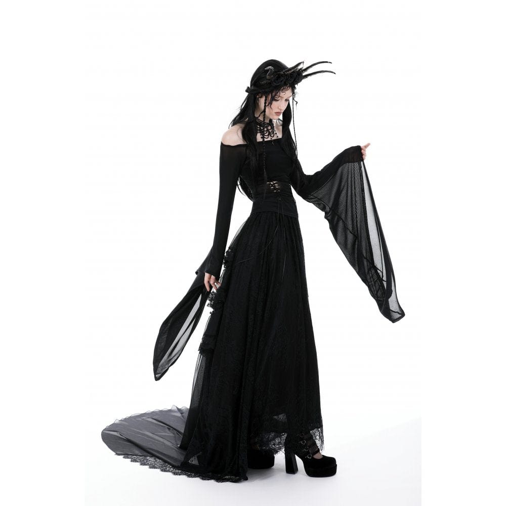 Darkinlove Women's Gothic Off Shoulder Lace-up Mesh Blouse