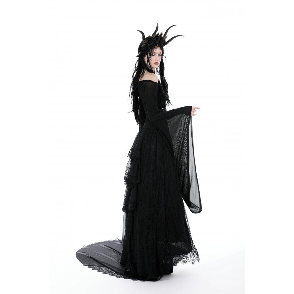 Darkinlove Women's Gothic Off Shoulder Lace-up Mesh Blouse